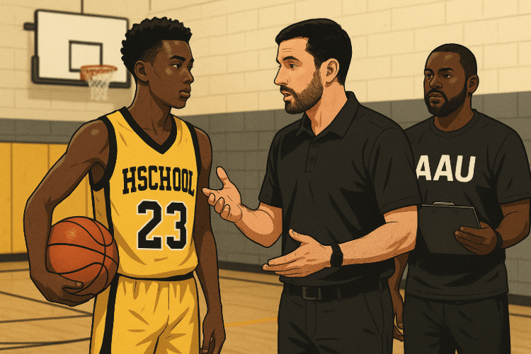 High school and AAU basketball coaches talking with a youth player in the gym, representing collaboration in youth basketball development.